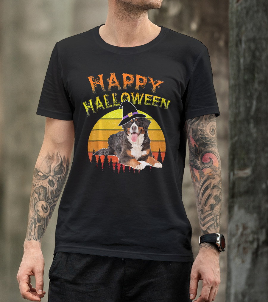 Happy Halloween Bernese Mountain Dog Lover Witch Hat Sunset T-Shirt