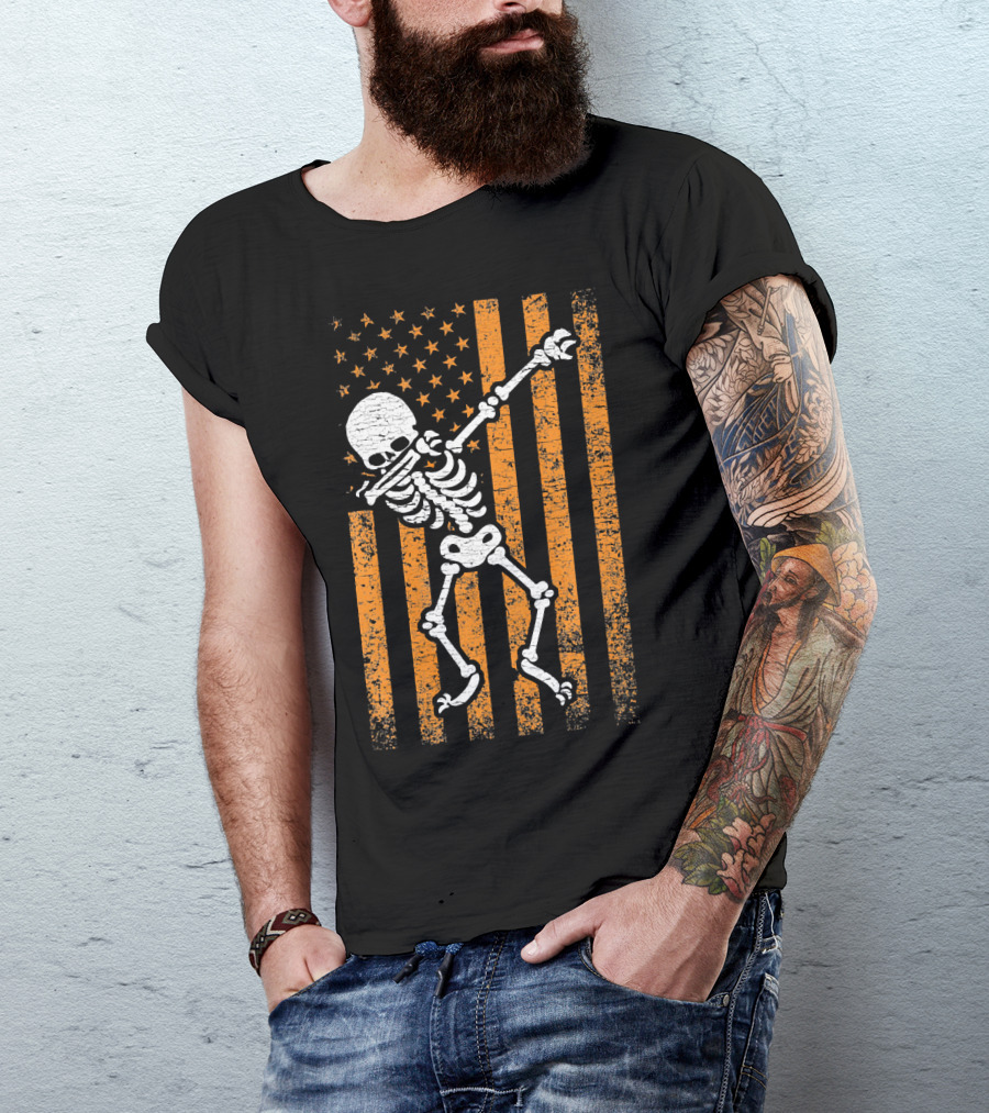 Halloween Dabbing Skeleton American Flag Retro Style Icons T-Shirt