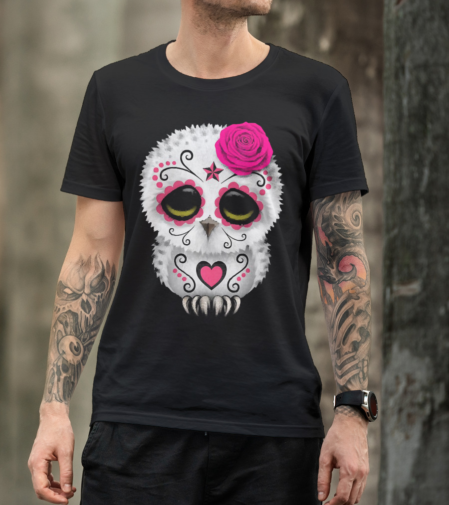 Owl Sugar Skull With Pink Rose And Heart Motif T-Shirt