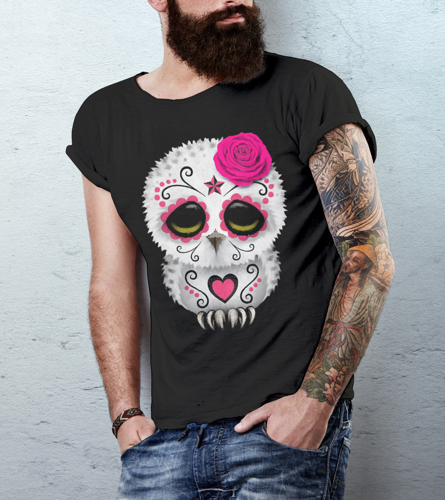 Owl Sugar Skull With Pink Rose And Heart Motif T-Shirt