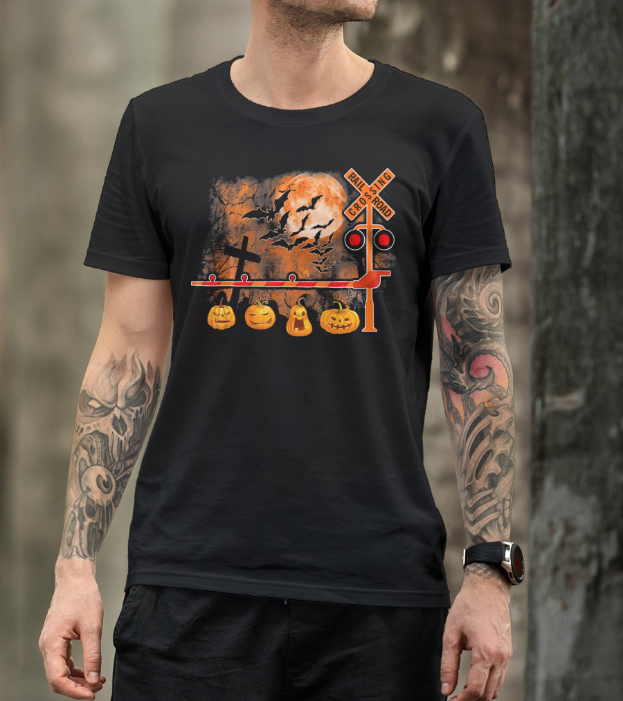 Halloween Railroad Crossing Sign With Pumpkins And Bats T-Shirt