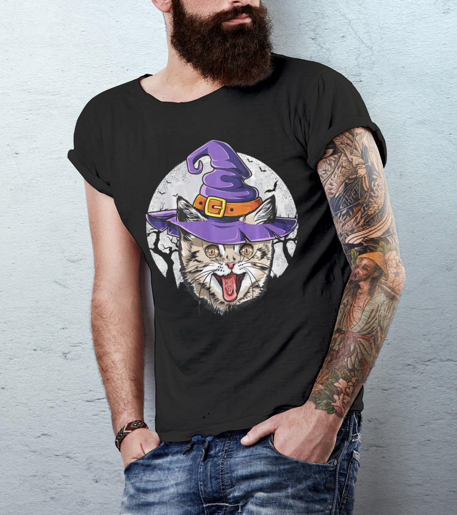 Funny Halloween Witch Cat With Purple Hat And Moon Background T-Shirt