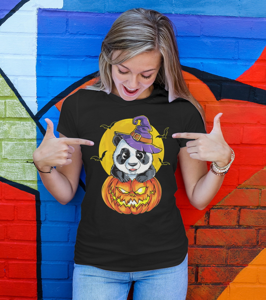 Panda Witch Halloween Pumpkin Moon Bats T-Shirt