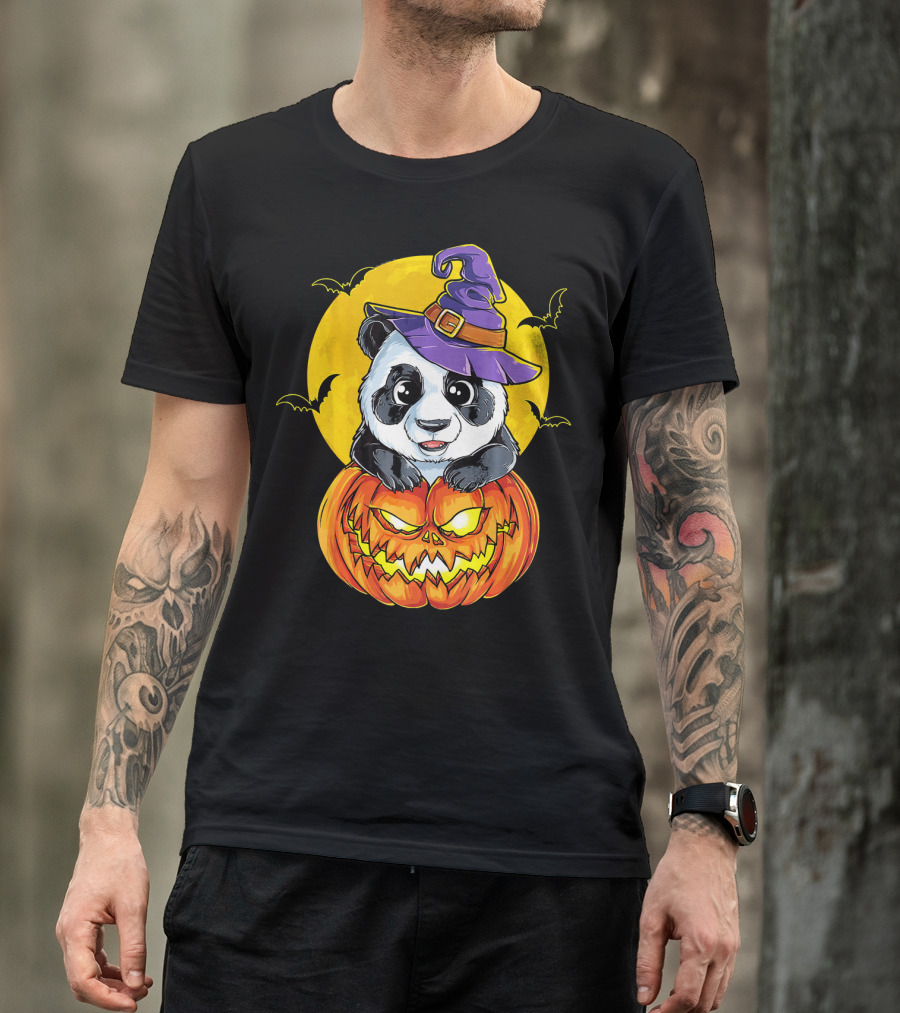 Panda Witch Halloween Pumpkin Moon Bats T-Shirt