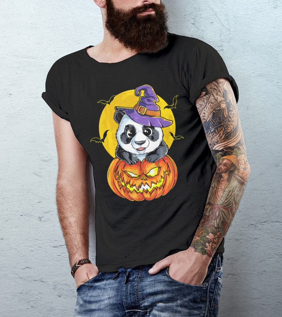 Panda Witch Halloween Pumpkin Moon Bats T-Shirt