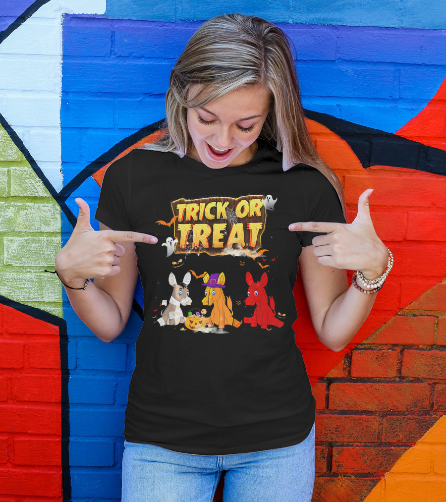Trick Or Treat Three Donkeys Halloween Candy Pumpkins Ghosts T-Shirt