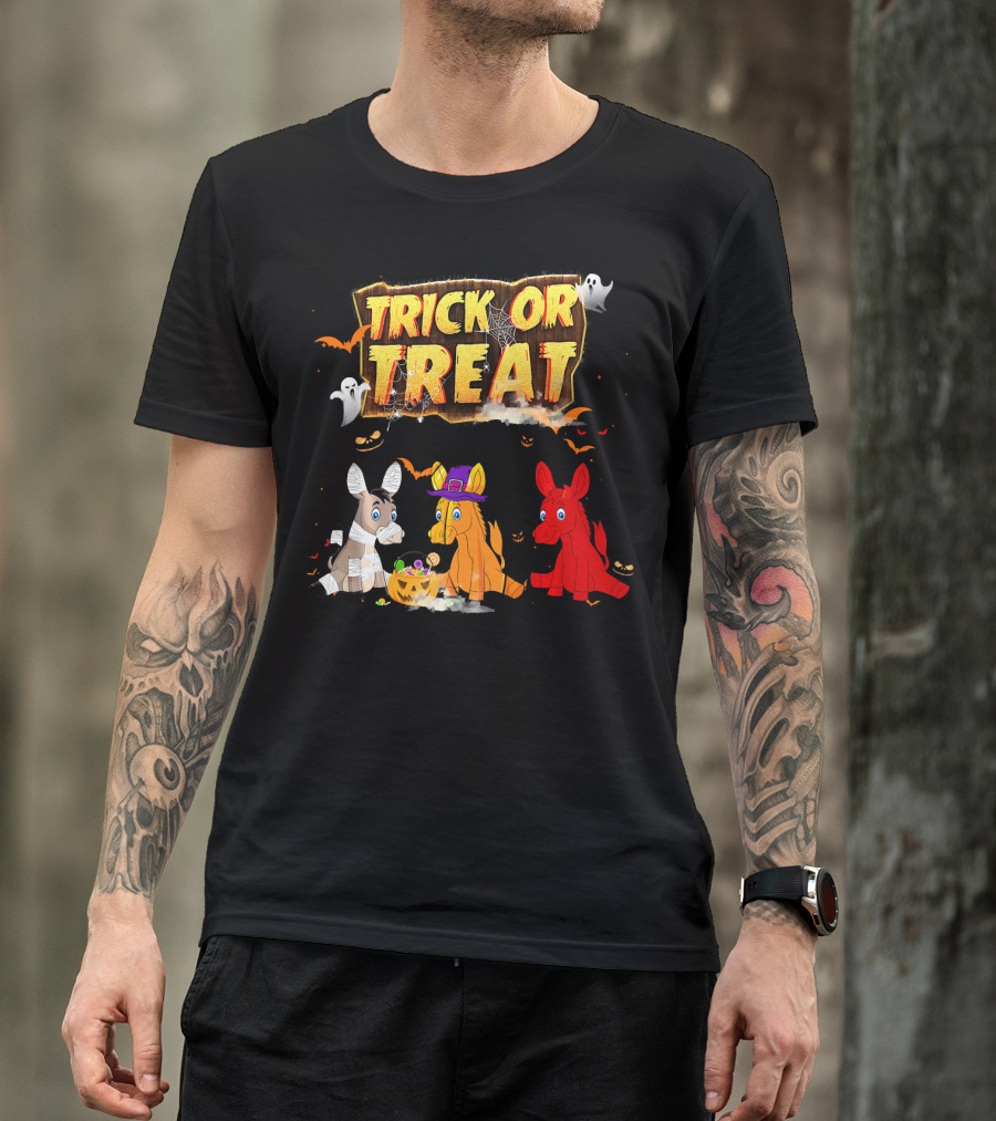 Trick Or Treat Three Donkeys Halloween Candy Pumpkins Ghosts T-Shirt