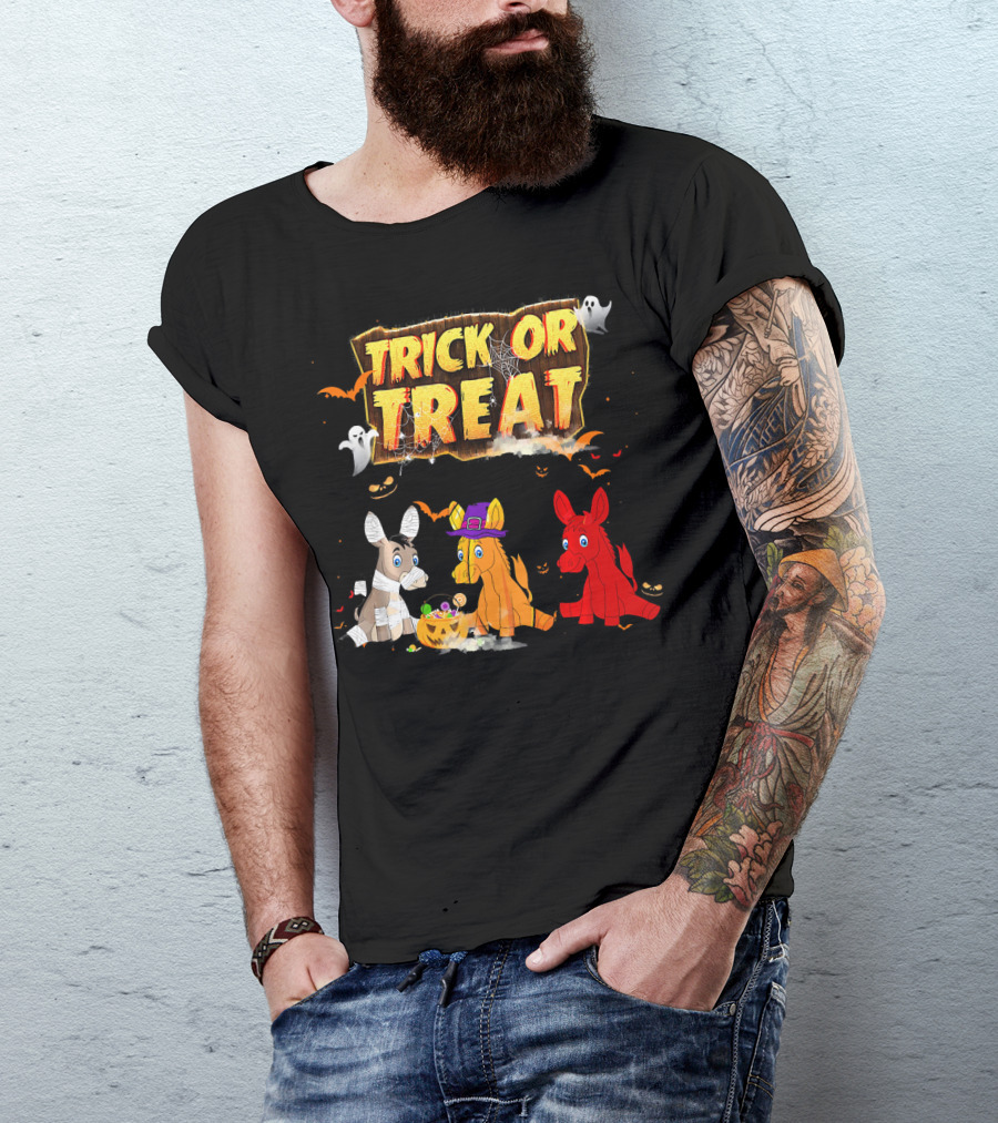 Trick Or Treat Three Donkeys Halloween Candy Pumpkins Ghosts T-Shirt