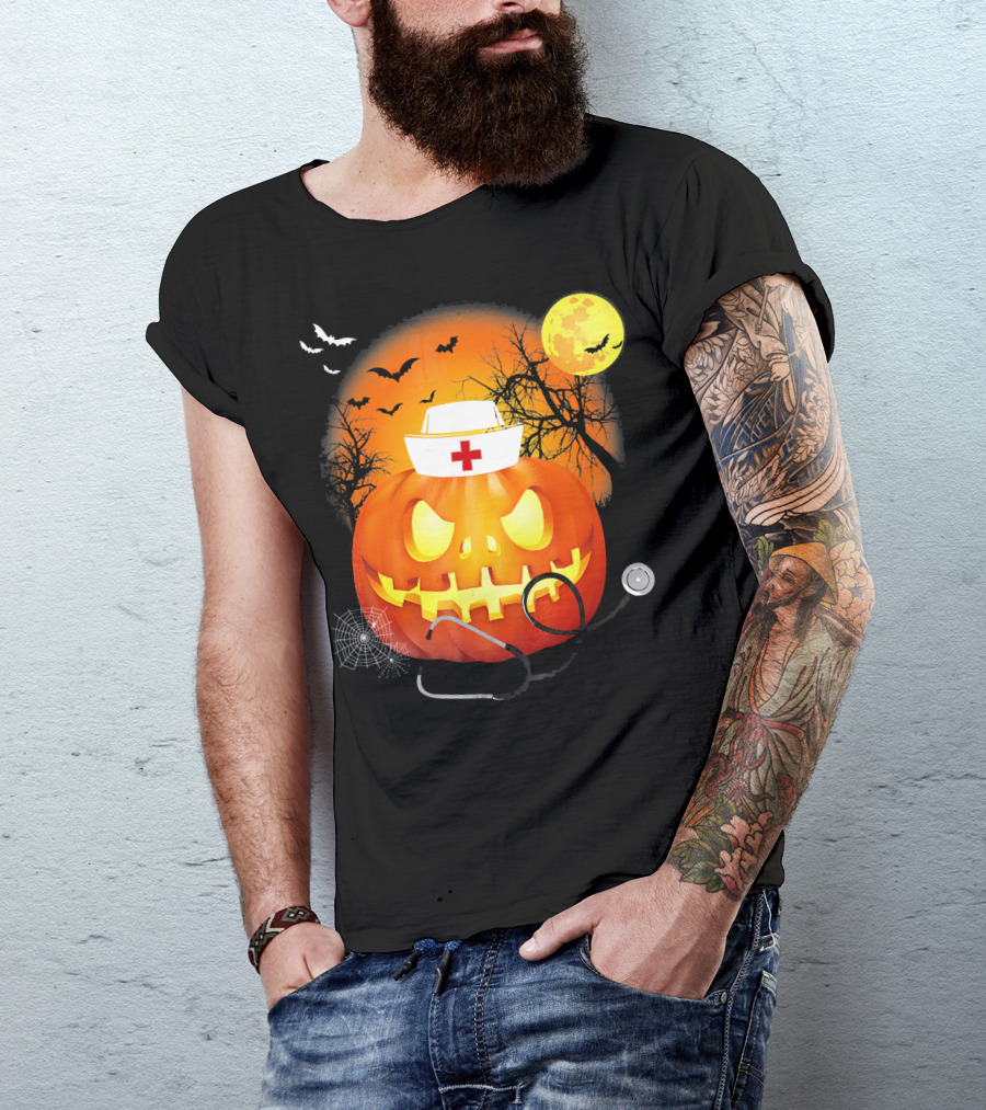 Nurse Halloween Pumpkin With Stethoscope And Bats T-Shirt