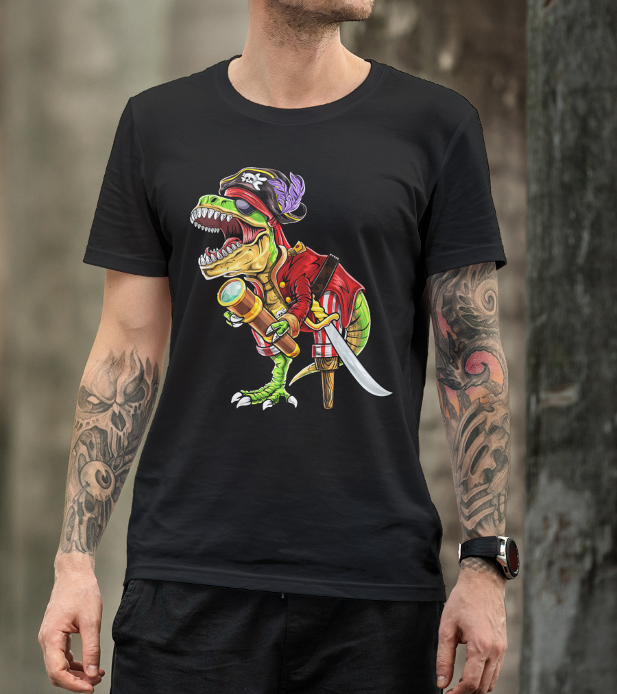 Pirate Dinosaur With Telescope And Peg Leg In Halloween Costume T-Shirt