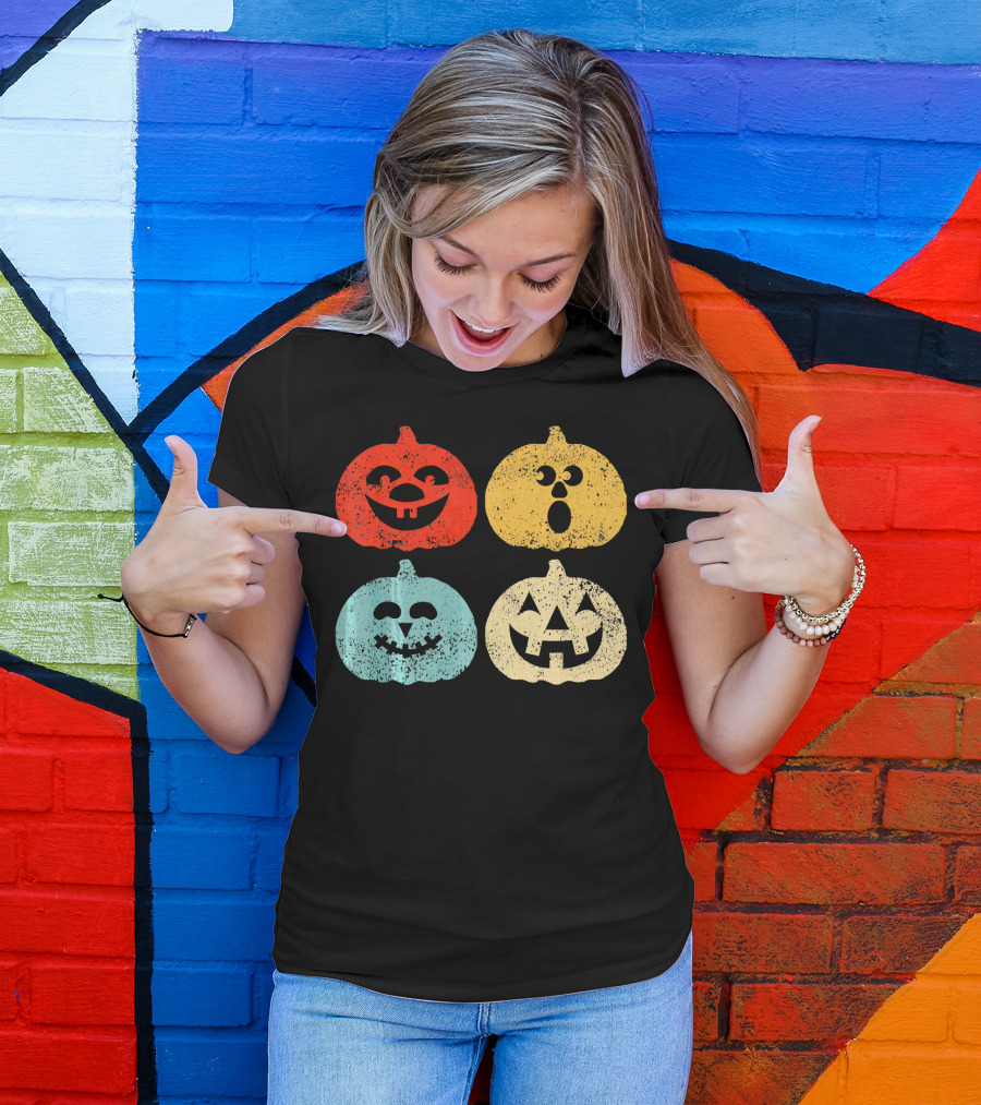 Vintage Halloween Pumpkin Women Retro Colorful Jack-O'-Lantern Faces T-Shirt