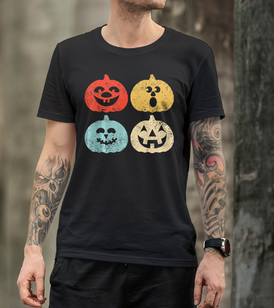 Vintage Halloween Pumpkin Women Retro Colorful Jack-O'-Lantern Faces T-Shirt