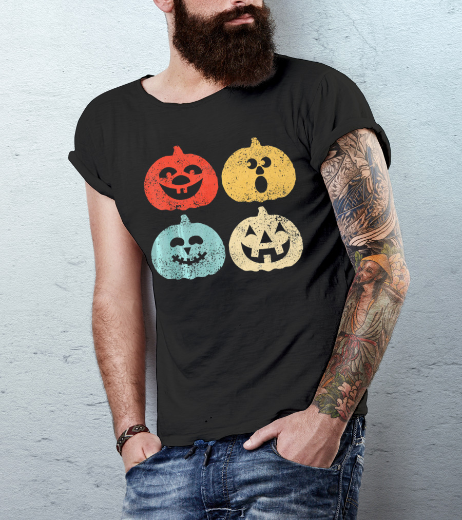 Vintage Halloween Pumpkin Women Retro Colorful Jack-O'-Lantern Faces T-Shirt