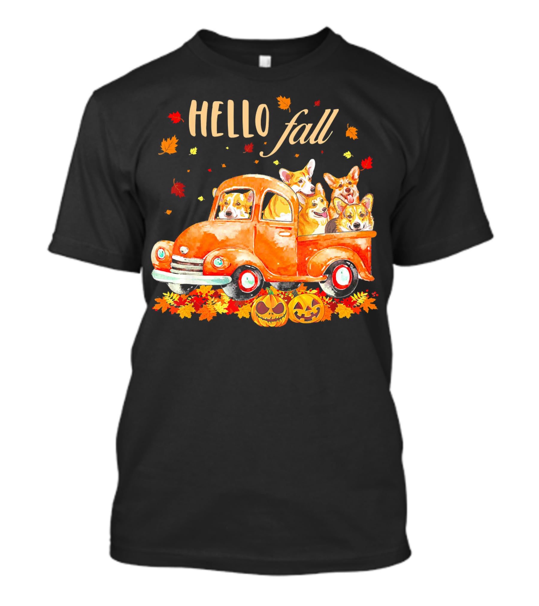 Hello Fall Corgis In Pumpkin Truck With Autumn Leaves And Jack-O'-Lanterns T-Shirt