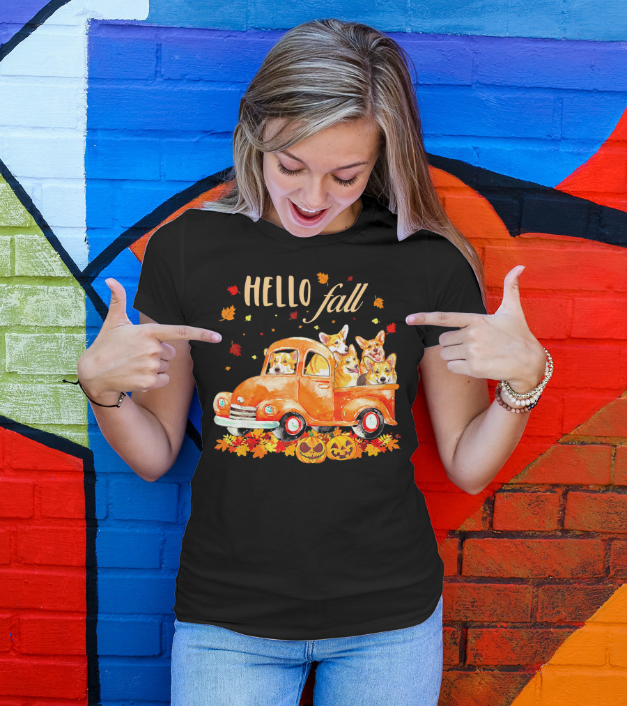 Hello Fall Corgis In Pumpkin Truck With Autumn Leaves And Jack-O'-Lanterns T-Shirt