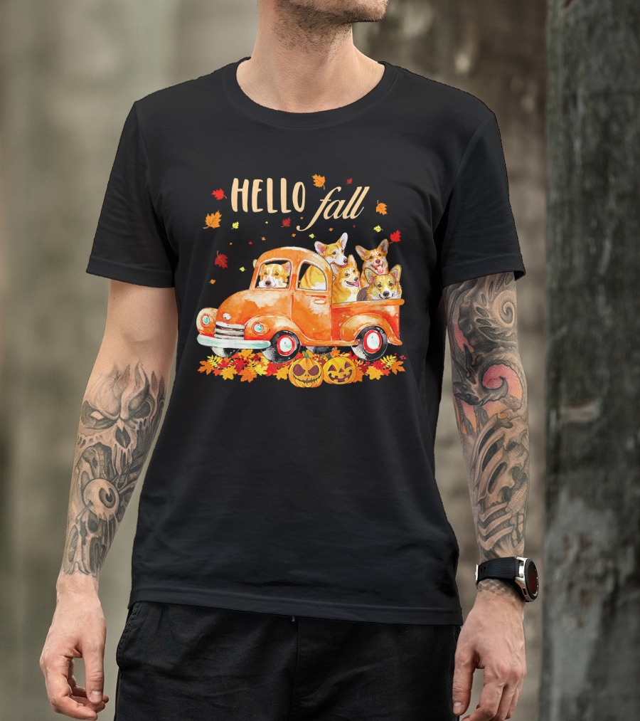 Hello Fall Corgis In Pumpkin Truck With Autumn Leaves And Jack-O'-Lanterns T-Shirt