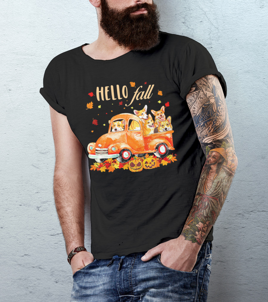 Hello Fall Corgis In Pumpkin Truck With Autumn Leaves And Jack-O'-Lanterns T-Shirt