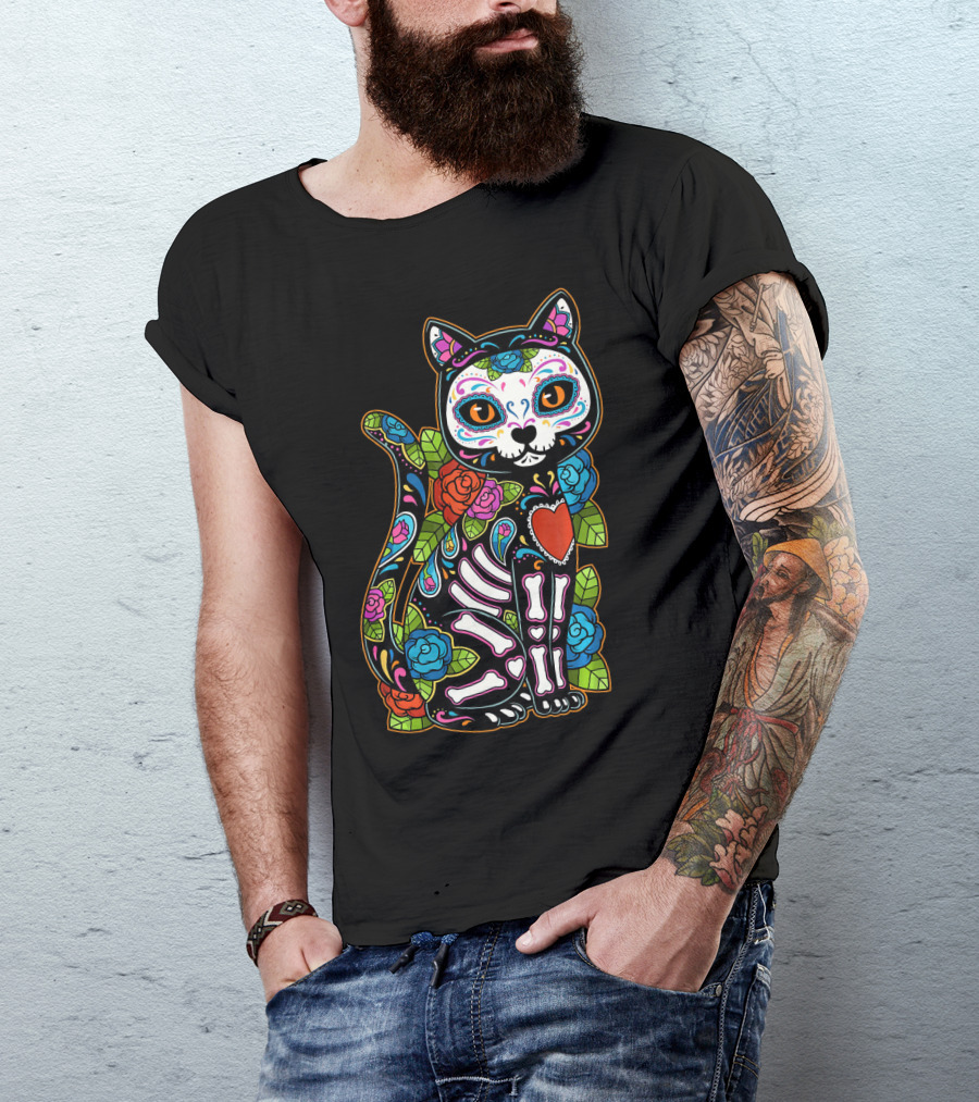 Cat Sugar Skull Calavera Mexico Dia De T-Shirt