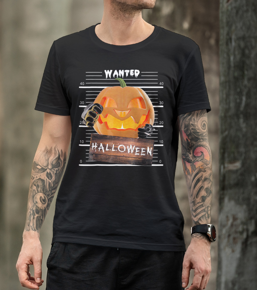 Wanted Halloween Pumpkin Mugshot Funny T-Shirt