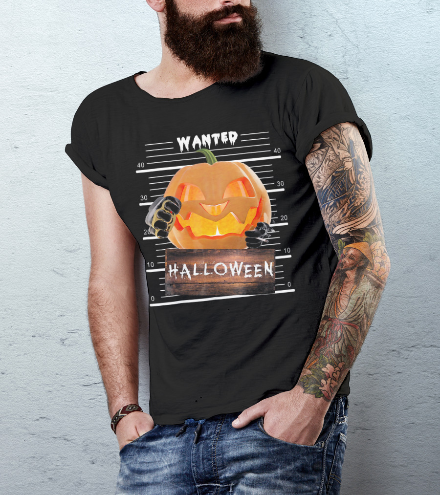Wanted Halloween Pumpkin Mugshot Funny T-Shirt