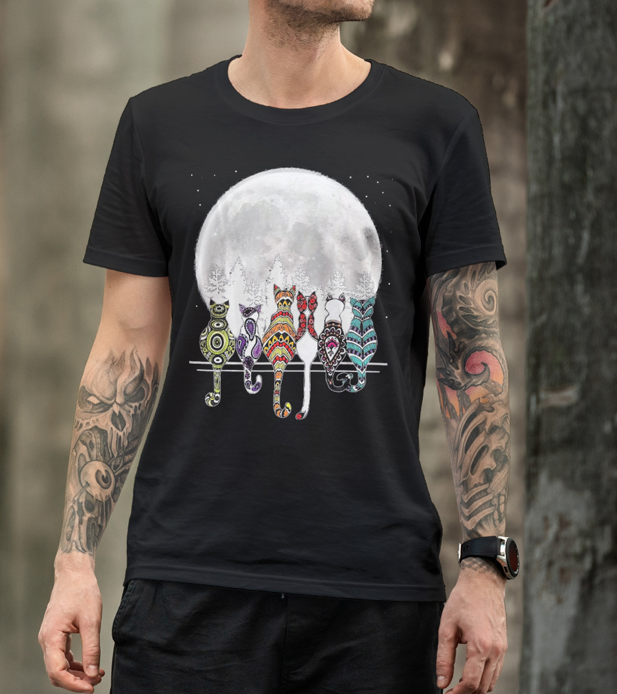 Day Of Dead Sugar Skull Cat Cats Skele Full Moon Forest T-Shirt