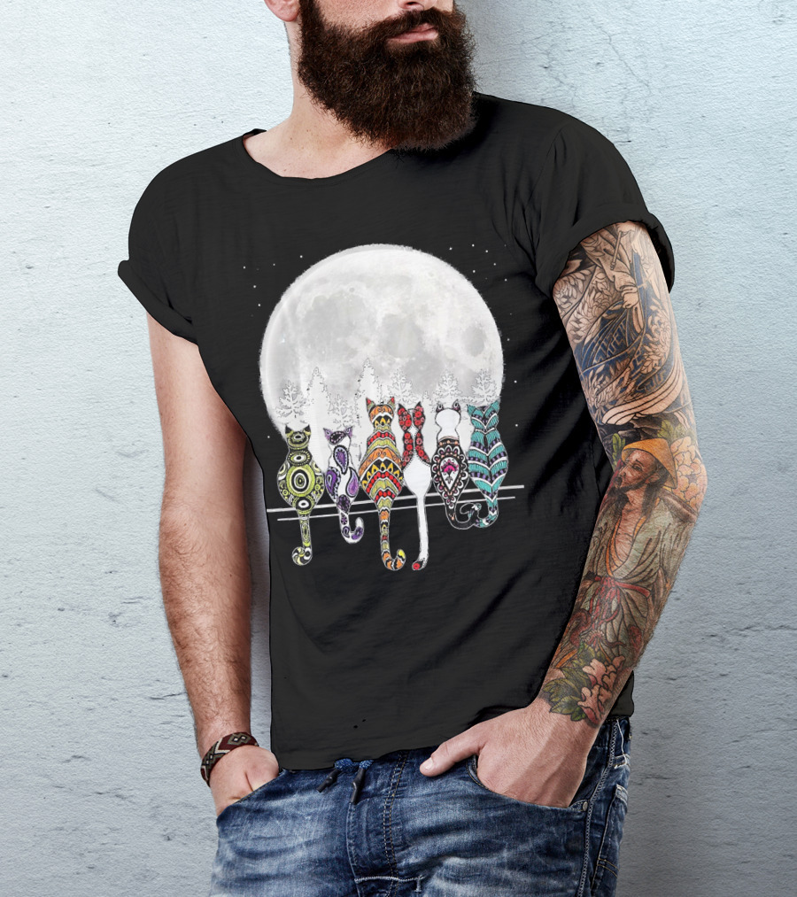 Day Of Dead Sugar Skull Cat Cats Skele Full Moon Forest T-Shirt