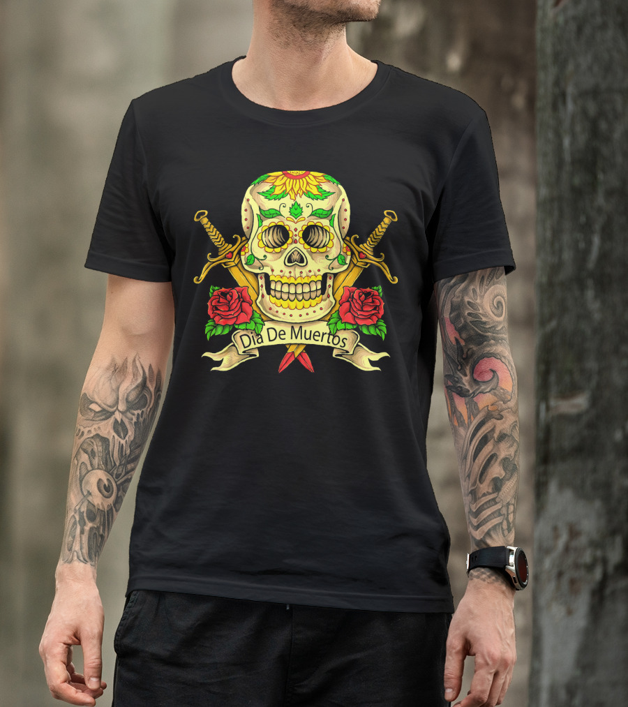 Dia De Muertos Skull With Roses And Swords Celebrating Day Of The Dead T-Shirt