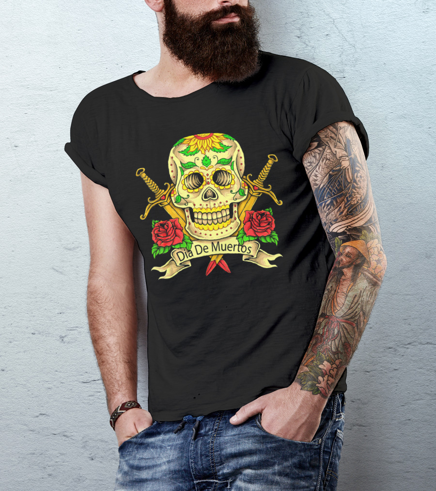 Dia De Muertos Skull With Roses And Swords Celebrating Day Of The Dead T-Shirt