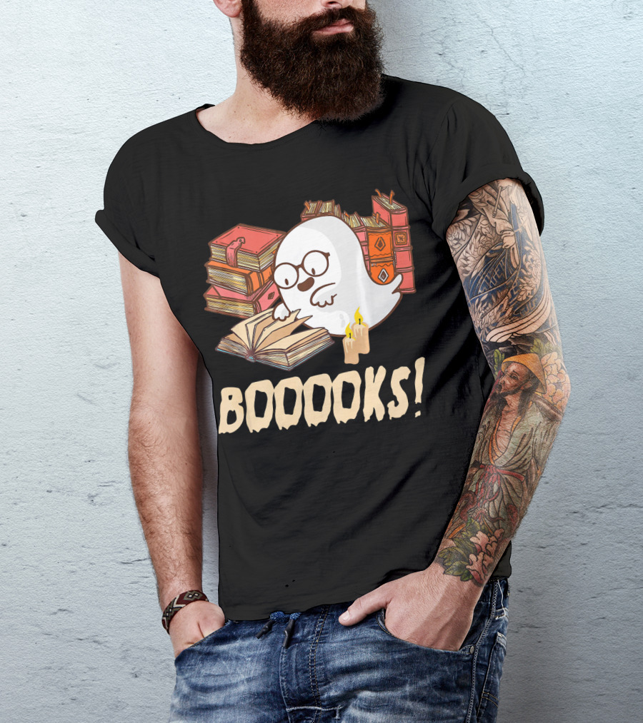BOOOOKS Cute Reading Boo Ghost With Stacks Of Books And Candles T-Shirt