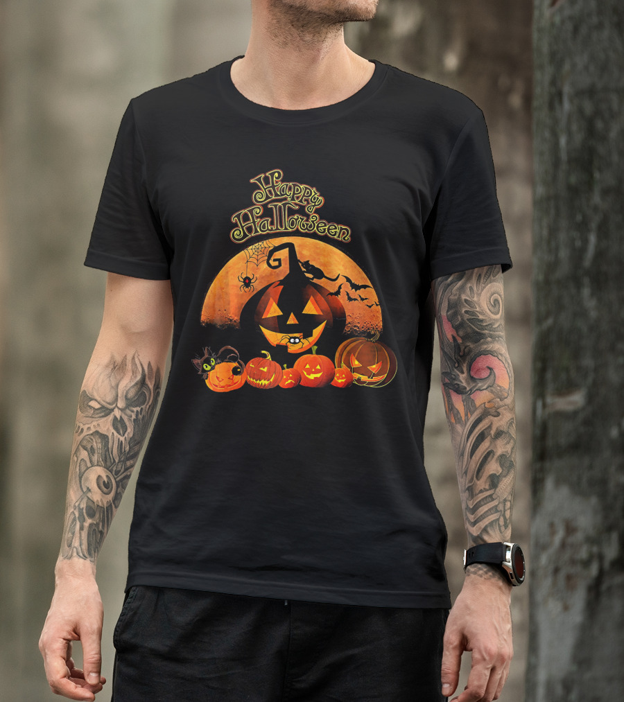 Happy Halloween Pumpkin Black Cat Witch Spider Bats T-Shirt
