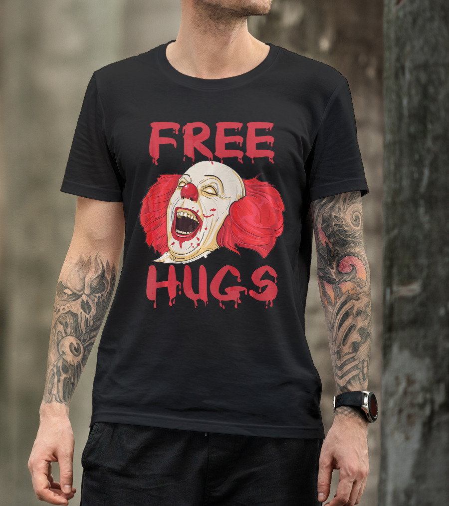 Free Hugs Evil Killer Scary Clown Costume Blood Red Horror T-Shirt
