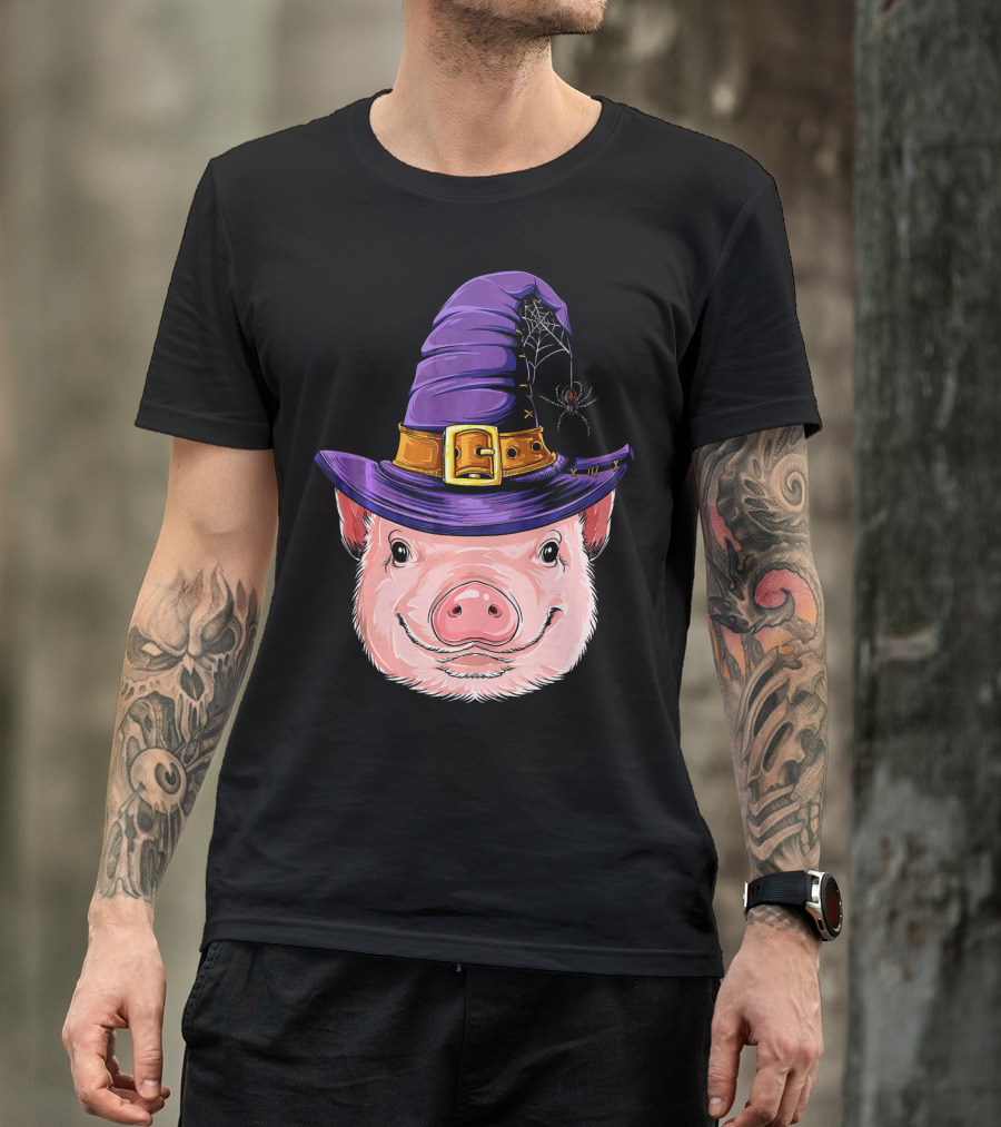 Pig In Witch Hat With Spider And Web Halloween T-Shirt