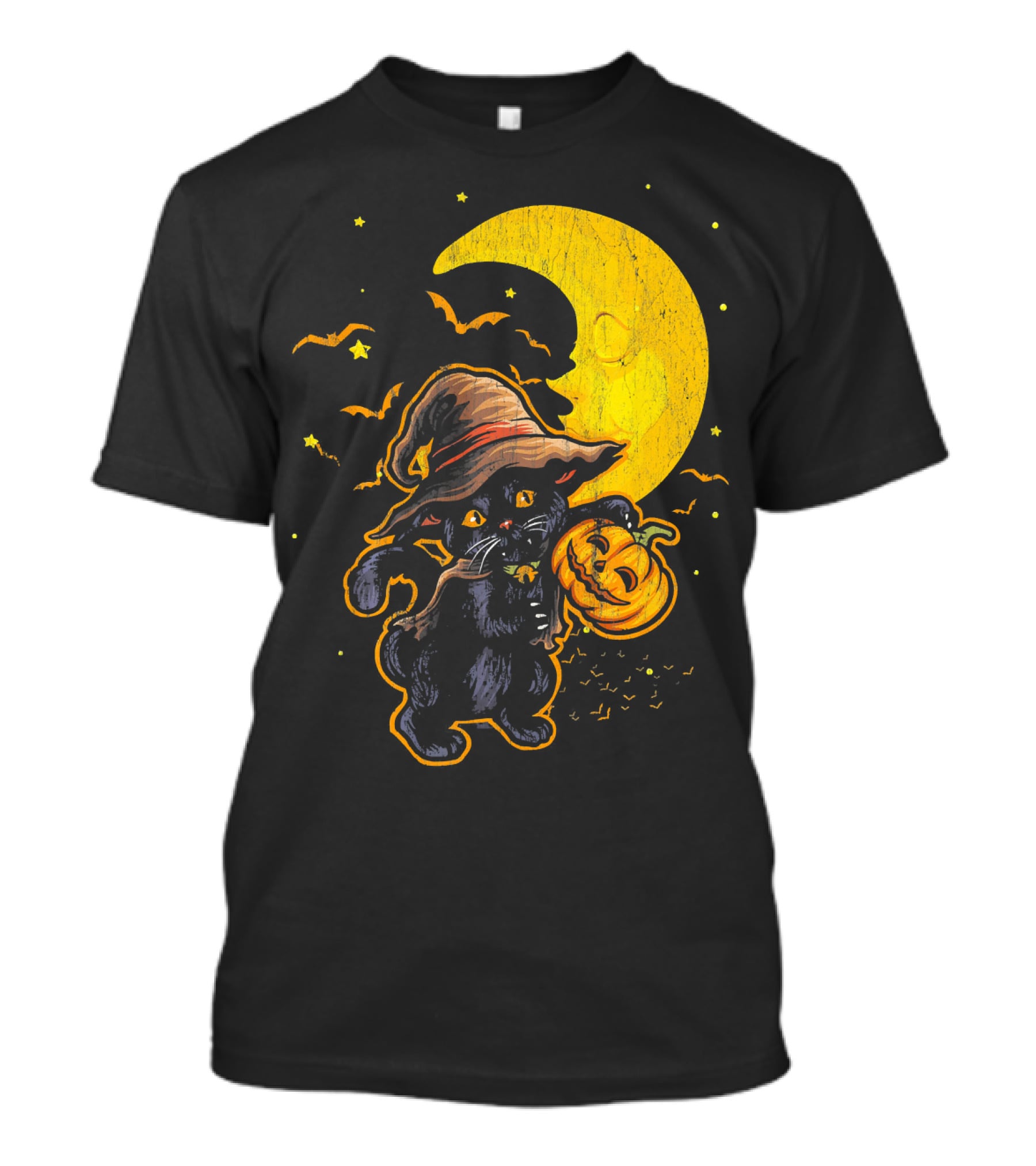 Halloween Black Cat Witch With Pumpkin Under Moon And Bats T-Shirt