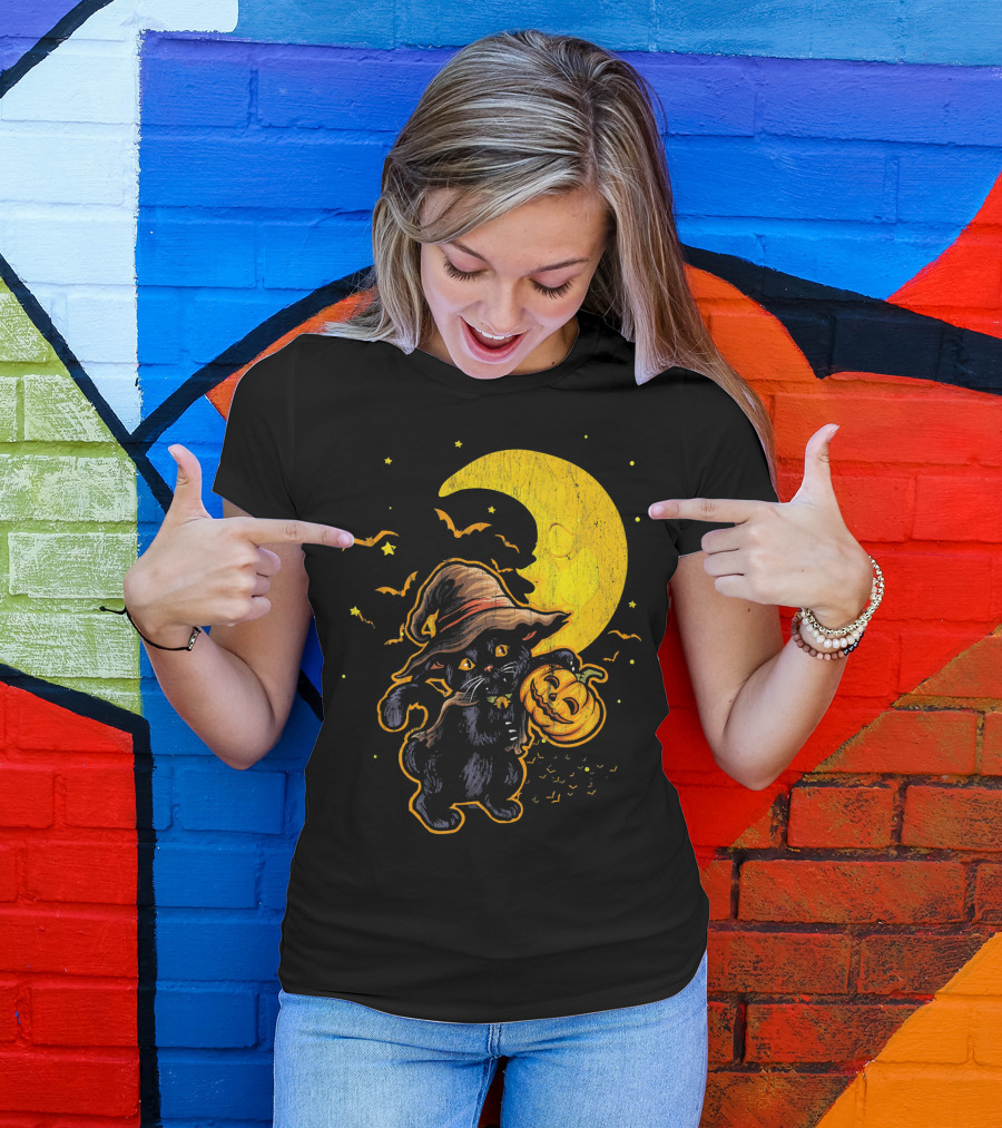 Halloween Black Cat Witch With Pumpkin Under Moon And Bats T-Shirt
