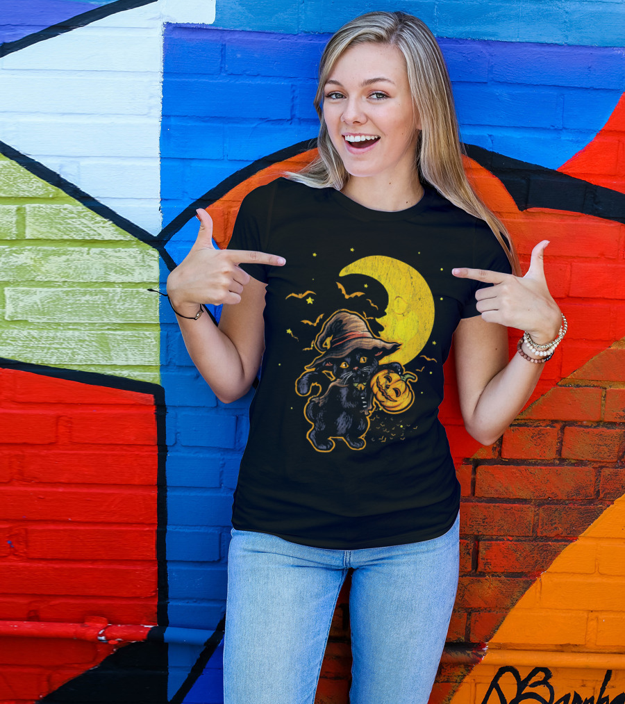 Halloween Black Cat Witch With Pumpkin Under Moon And Bats T-Shirt