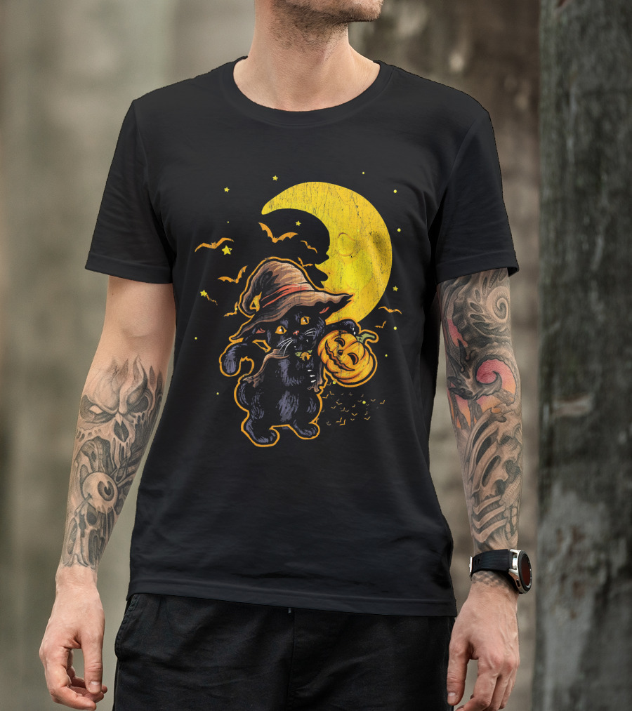 Halloween Black Cat Witch With Pumpkin Under Moon And Bats T-Shirt
