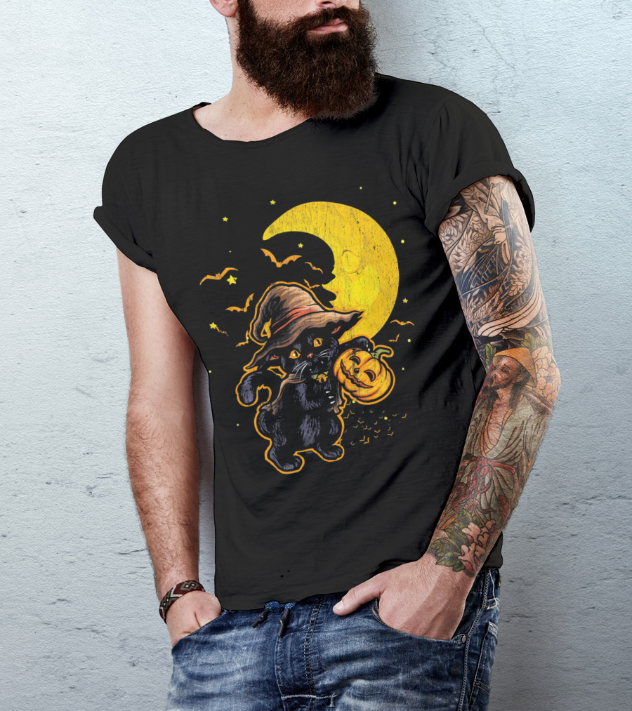 Halloween Black Cat Witch With Pumpkin Under Moon And Bats T-Shirt