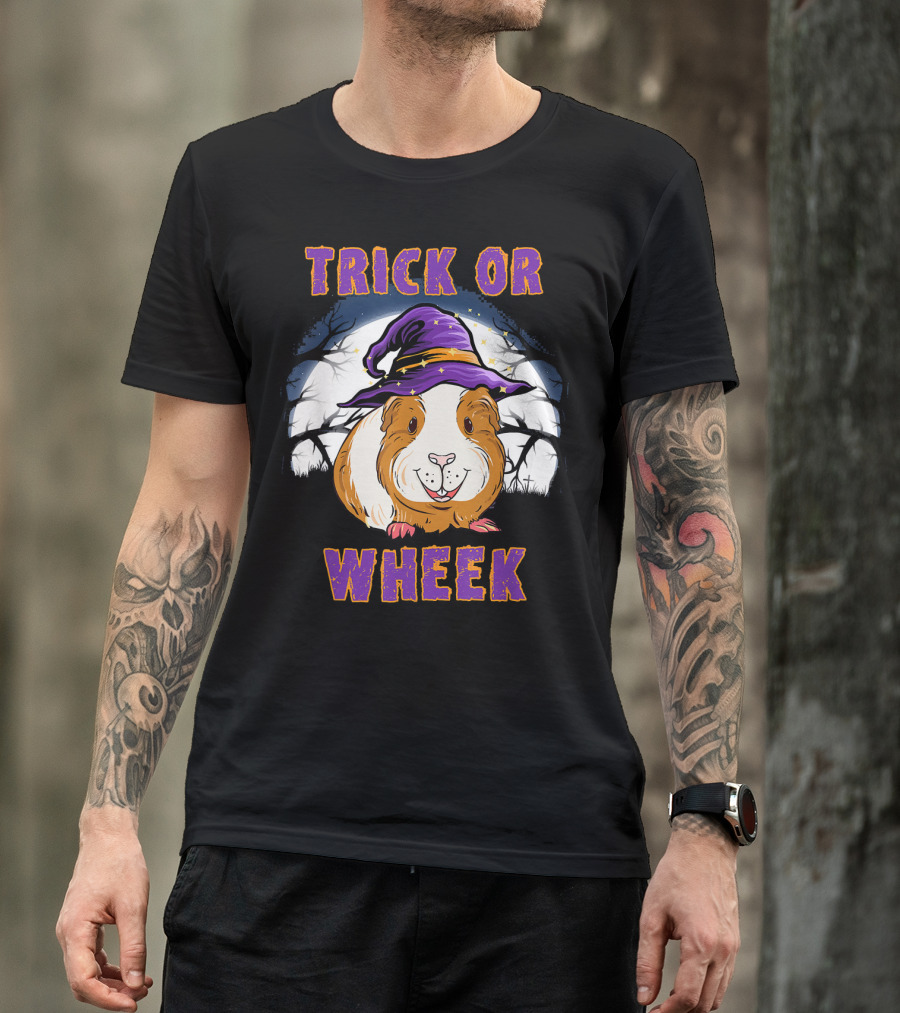 Trick Or Wheek Halloween Guinea Pig With Witch Hat And Moon Background T-Shirt