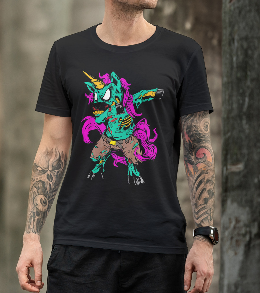 Scary Dabbing Zombie Unicorn With Pink Mane And Torn Clothing T-Shirt