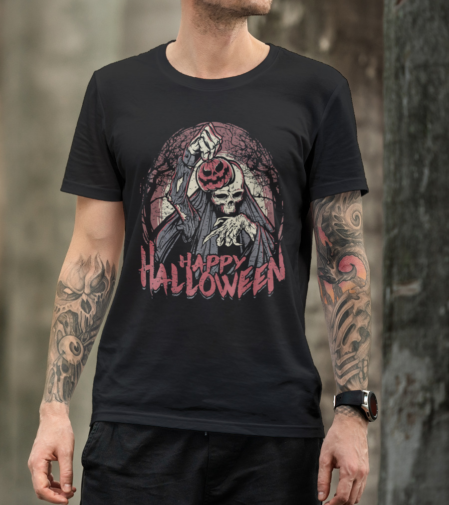 Halloween Scary Zombie Skeleton With Pumpkin Head T-Shirt