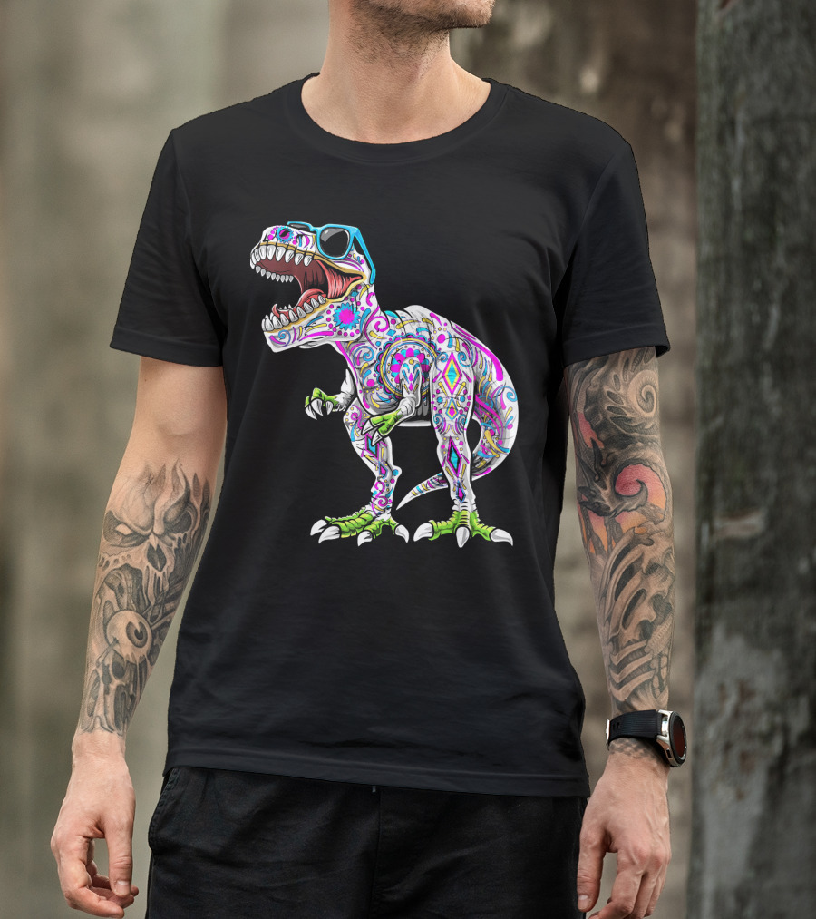 Day Of The Dead Dia De Los Muertos T-Rex Dinosaur With Sunglasses T-Shirt