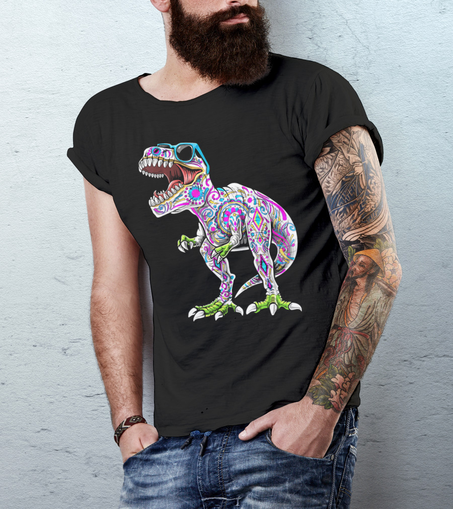 Day Of The Dead Dia De Los Muertos T-Rex Dinosaur With Sunglasses T-Shirt