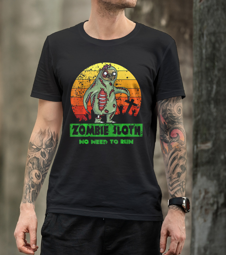 Zombie Sloth No Need To Run Sunset Cemetery Background T-Shirt