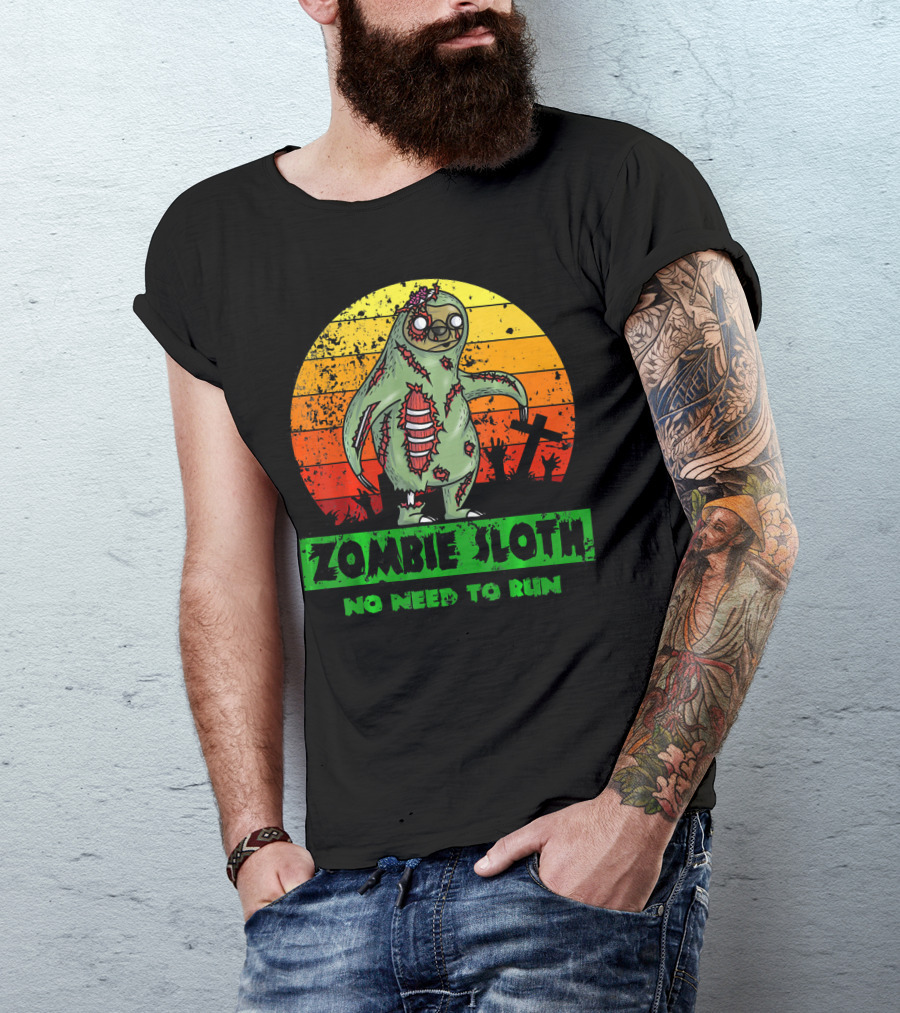 Zombie Sloth No Need To Run Sunset Cemetery Background T-Shirt