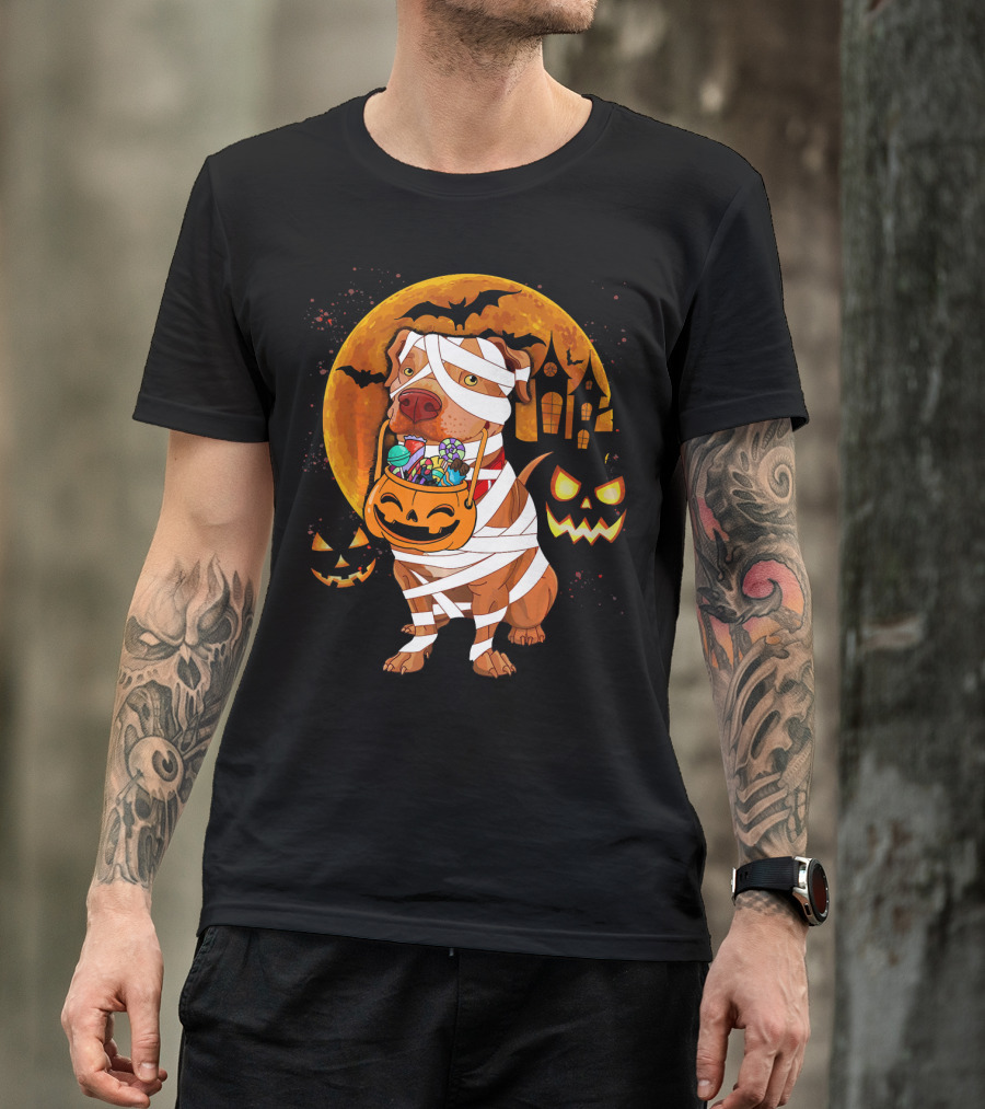 Funny Halloween Mummy Pitbull Boo Dog With Pumpkin Candy And Scary Moon T-Shirt