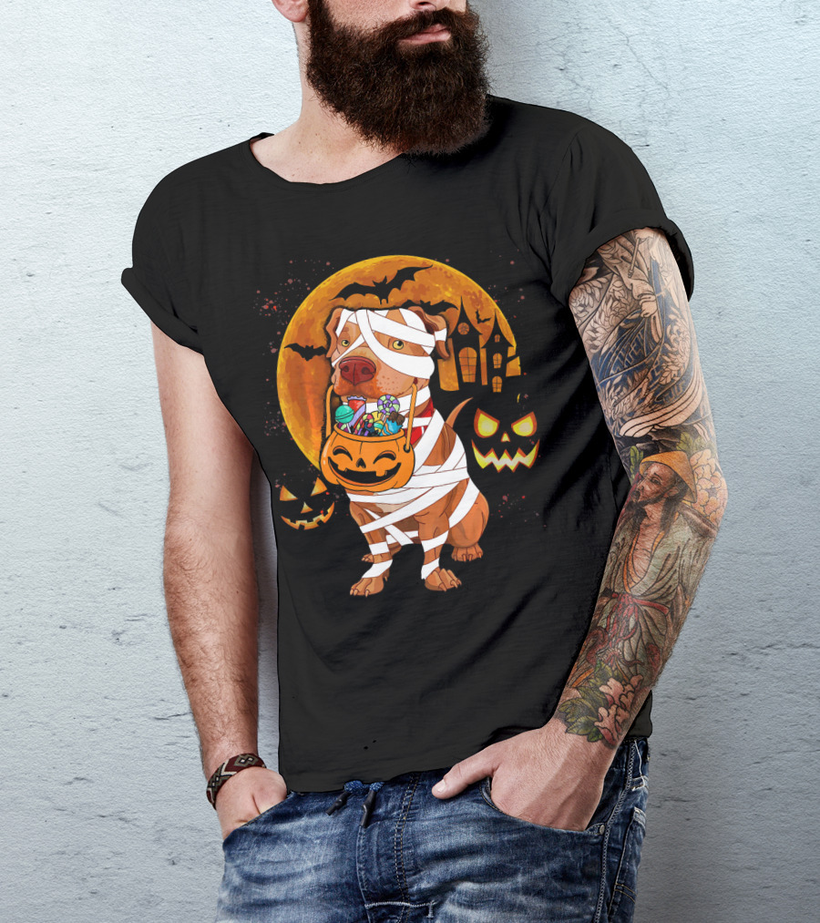 Funny Halloween Mummy Pitbull Boo Dog With Pumpkin Candy And Scary Moon T-Shirt