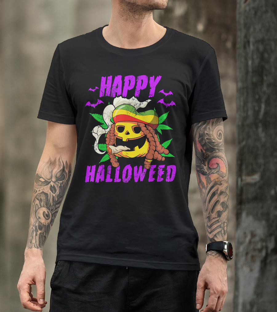Happy Halloweed Rasta Pumpkin Smoking Weed With Bats And Jamaican Colors T-Shirt