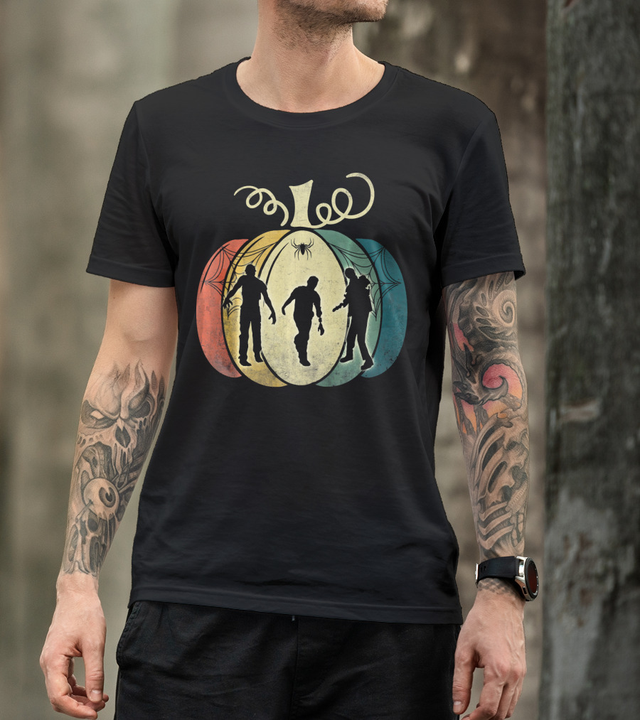 Pumpkin With Zombie Silhouettes And Spider Webs T-Shirt