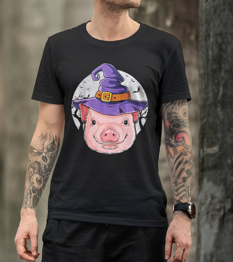 Pig Wearing Purple Witch Hat With Spooky Full Moon And Bats T-Shirt