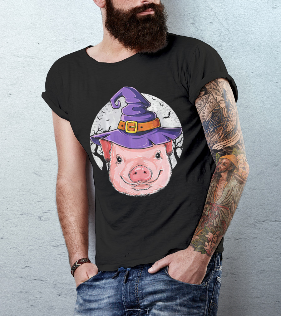Pig Wearing Purple Witch Hat With Spooky Full Moon And Bats T-Shirt